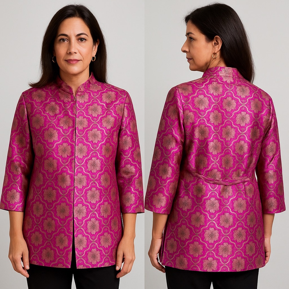 Roberta Freymann Zoe Brocade Jacket Women’s M Fuchsia ‎ Floral Silk‑Blend